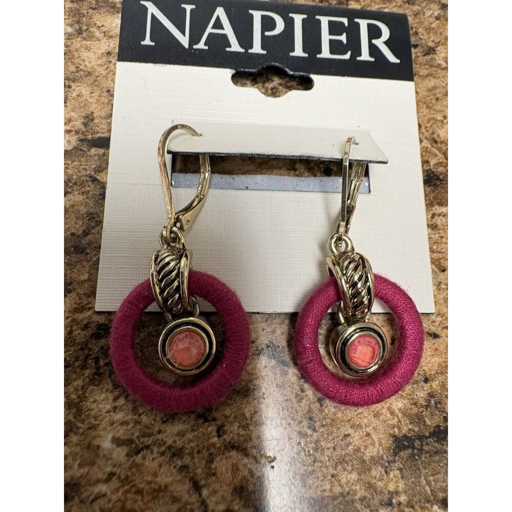 Vintage Gold Tone Dangle Earrings Pink Hoop & Cabochon Accent Signed Napier